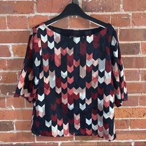 Ann Taylor Navy with Block Pattern and Flower Embellishing Detail Dress Blouse